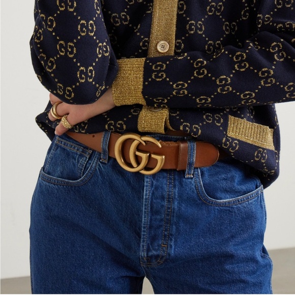Gucci Marmont Wide Cognac Leather Brown Belt with Gold GG Emblem - Picture 9 of 10